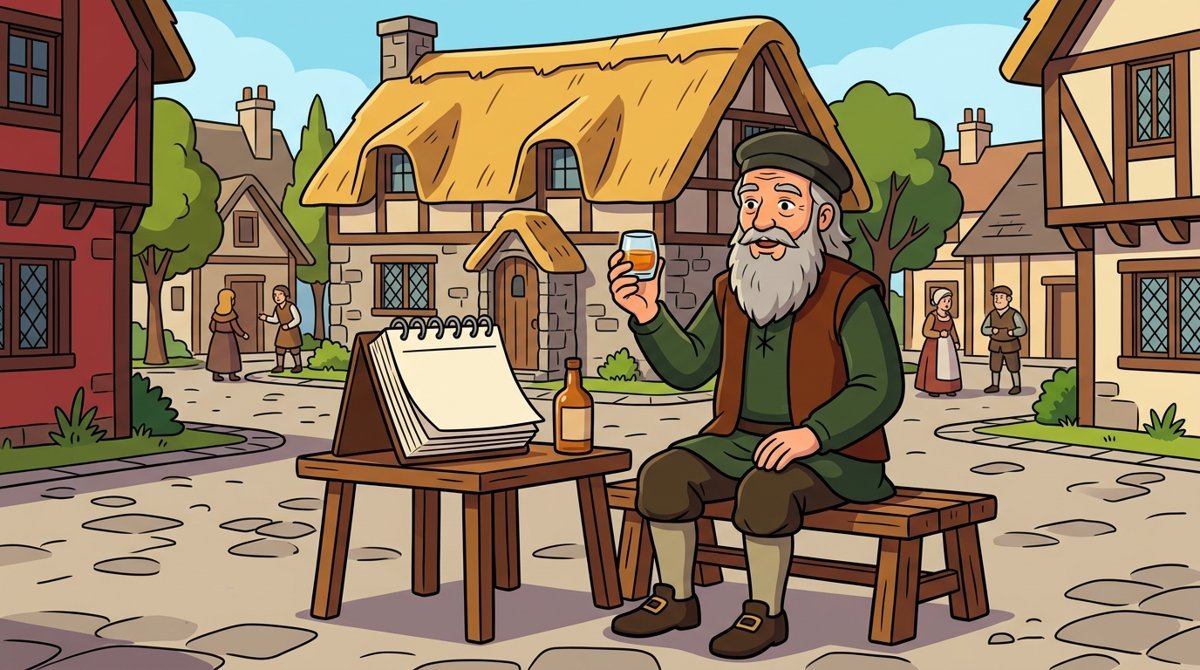 Senhor idoso de barba branca em roupas inglesas antigas erguendo um copo de whisky numa praça de vila, com calçada de pedra e um calendário