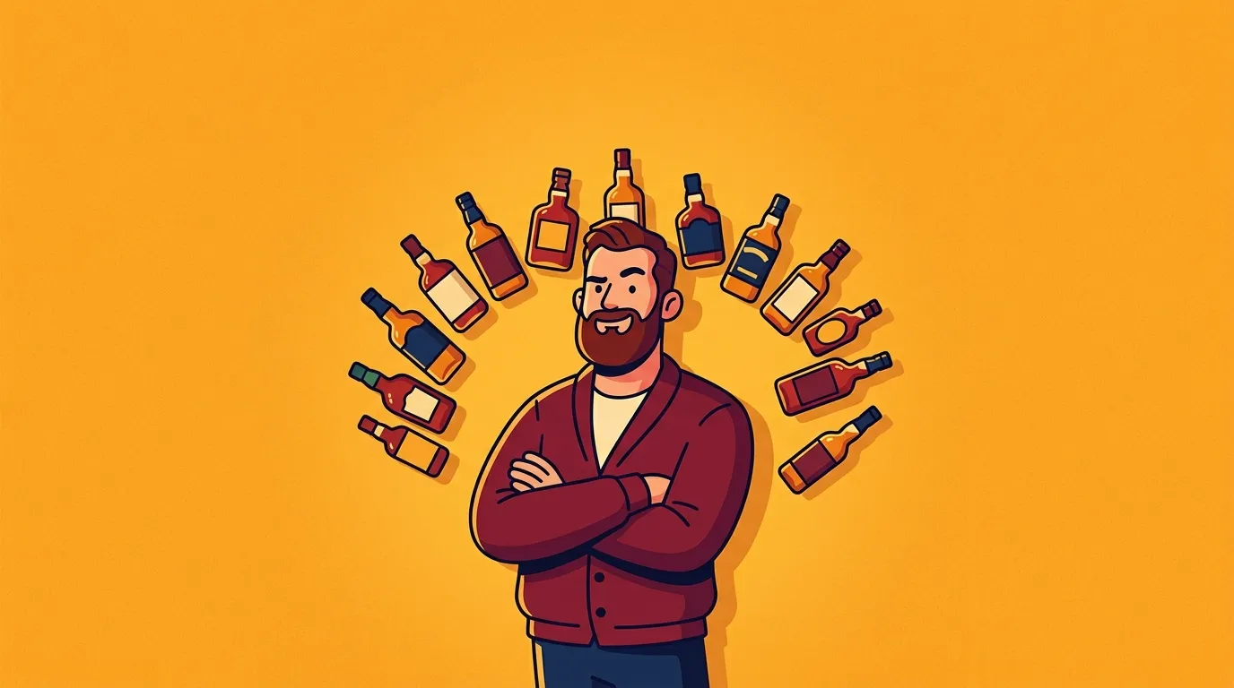 Ilustração de Lucas Pereira, especialista em whisky da Casa do Whisky, cercado por garrafas dos melhores whiskys de 2026