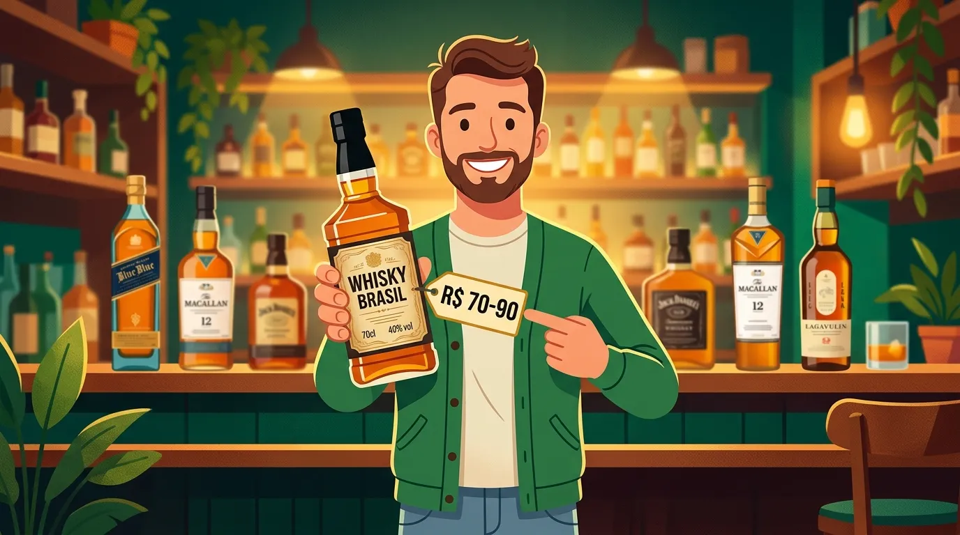 Ilustração cartoon de Lucas, especialista em whisky, segurando uma garrafa de whisky barato com etiqueta de preço R$ 70-90, cercado por outras garrafas em um bar