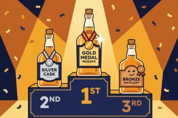Ilustração de pódio com garrafas de whisky em 1º, 2º e 3º lugar no ranking dos melhores whiskys de 2026