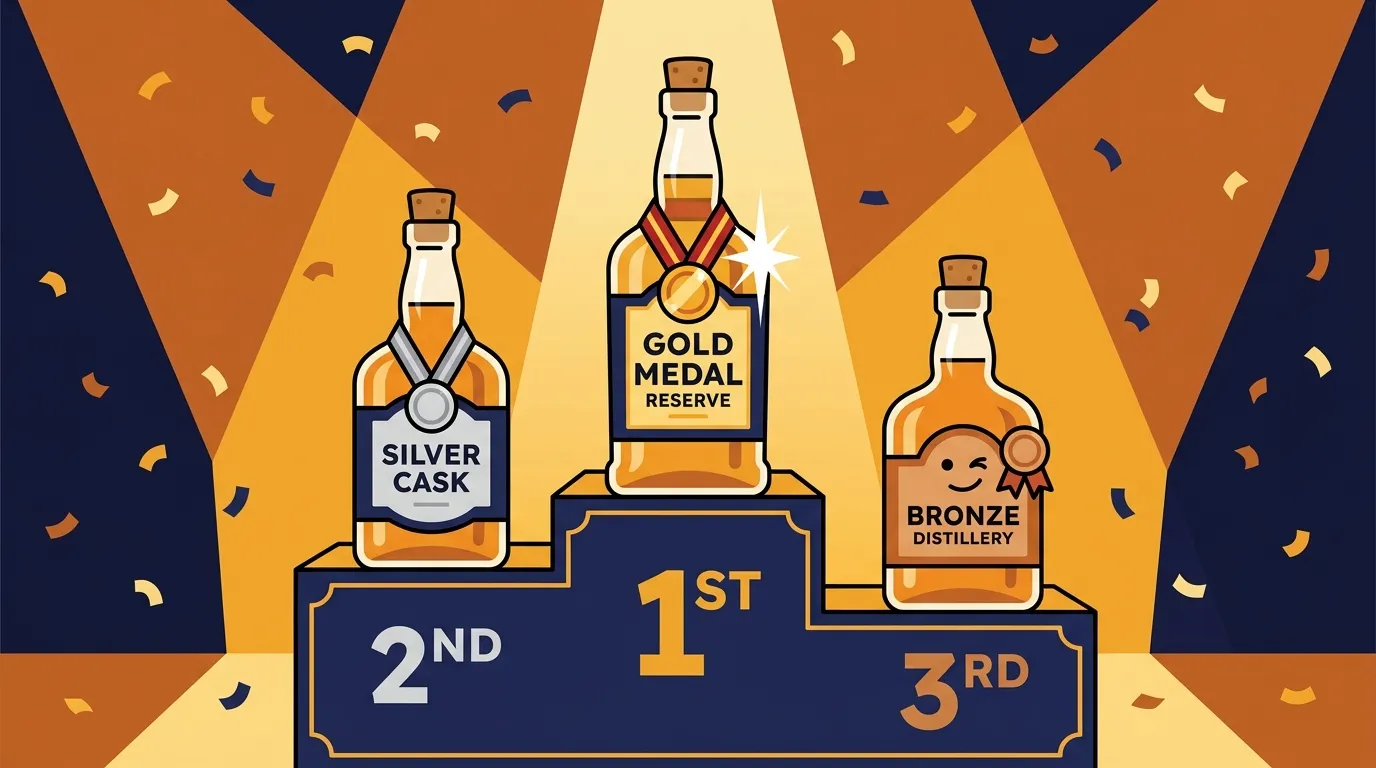 Ilustração de pódio com garrafas de whisky em 1º, 2º e 3º lugar no ranking dos melhores whiskys de 2026