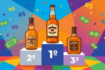 Ilustração cartoon de um pódio de premiação com três garrafas de whisky barato nos lugares 1º, 2º e 3º, cercadas de notas de dinheiro representando o melhor custo-benefício