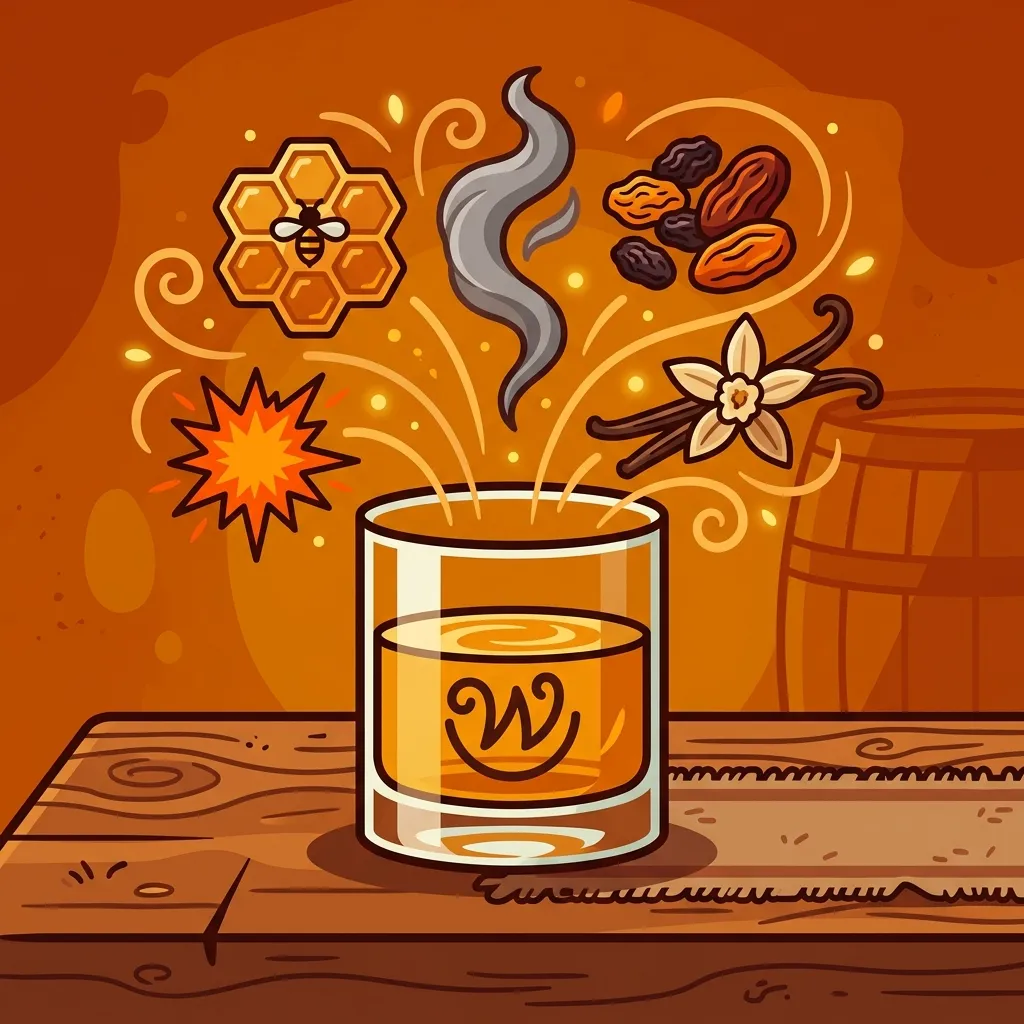 Ilustração de um copo de whisky com ícones de notas de degustação: mel, fumaça, frutas secas e baunilha