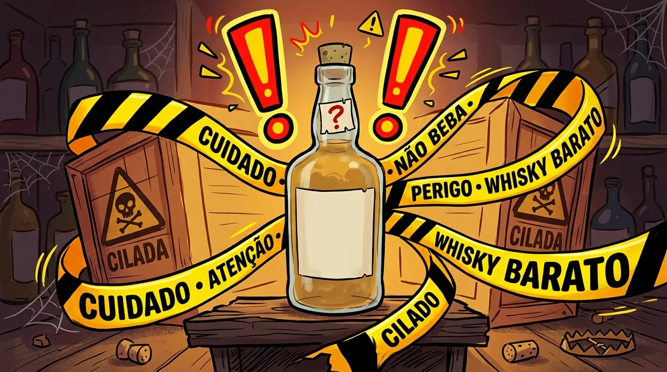 Ilustração cartoon de alerta mostrando uma garrafa de whisky suspeita cercada por fita de cuidado com os avisos "cuidado", "não beba" e "perigo whisky barato"