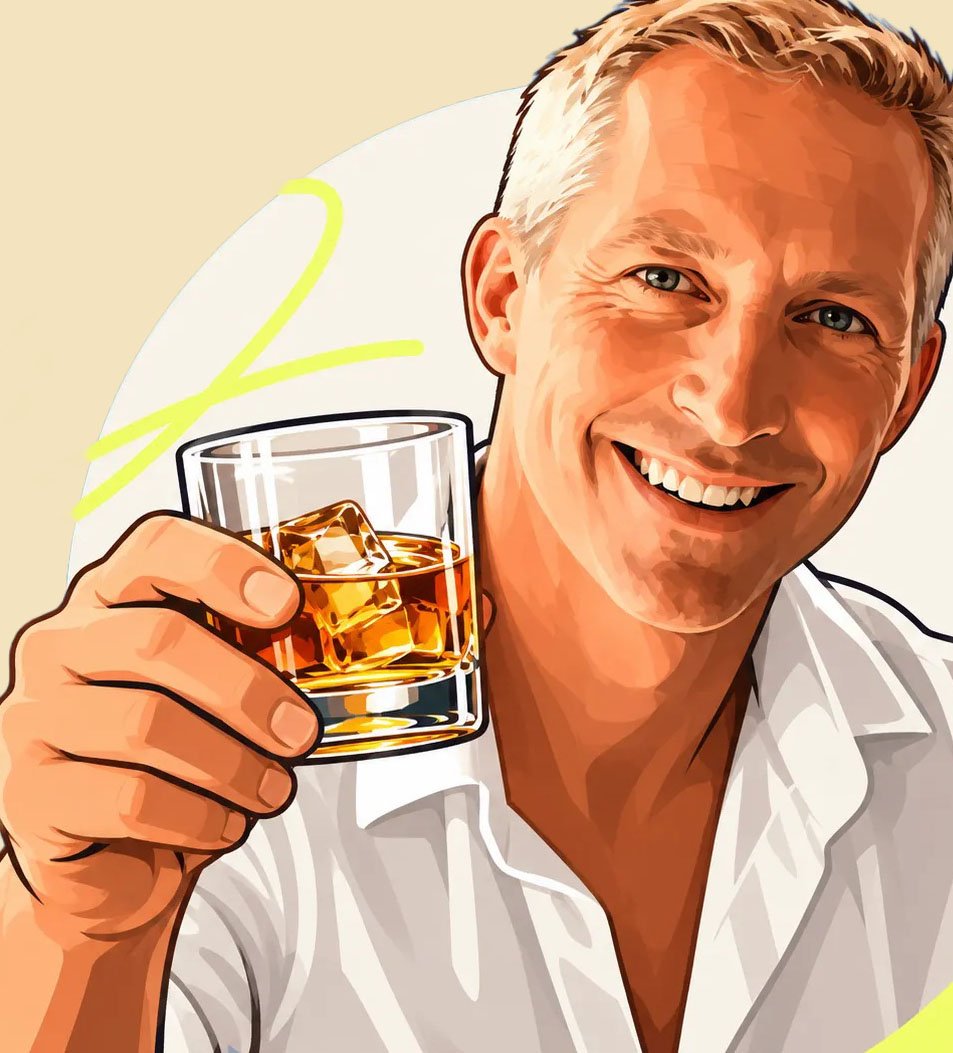Lucas, autor do Casa do Whisky, segurando um copo de whisky com gelo