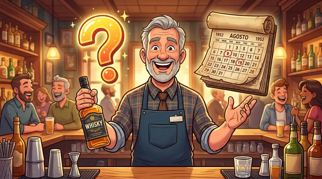 Ilustração cartoon de um bartender segurando uma garrafa de whisky com expressão de dúvida sobre sua idade de envelhecimento