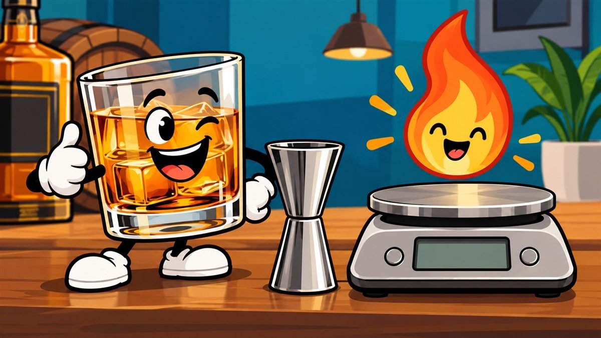 Ilustração cartoon de um copo de whisky sorridente ao lado de um medidor de dose, uma balança de cozinha e uma chama que representa as calorias