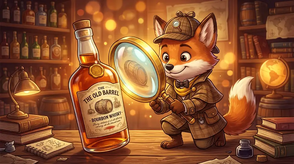 Ilustração cartoon de um detetive raposa examinando uma garrafa de whisky com lupa em busca de sinais de falsificação