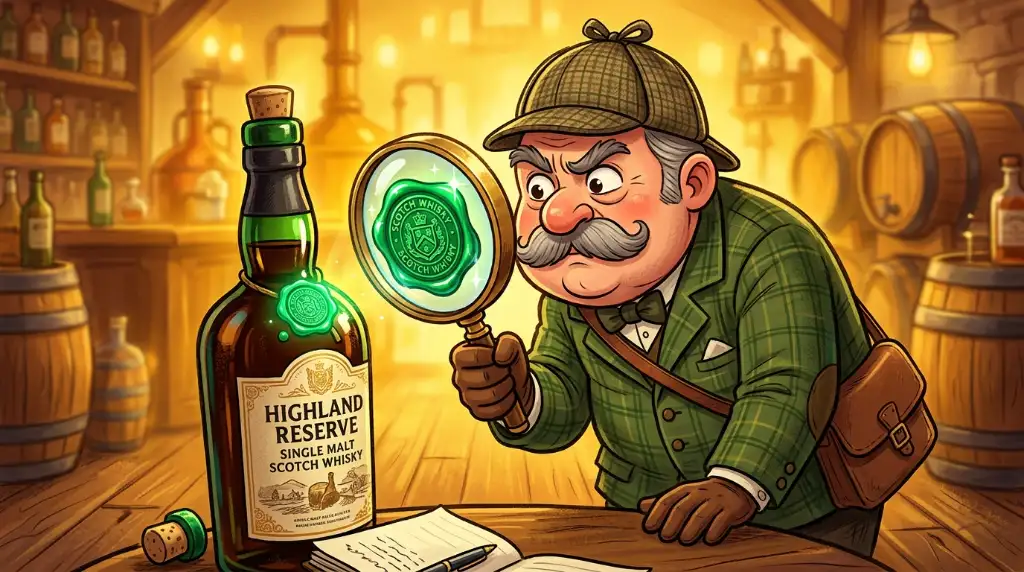 Ilustração cartoon de um inspetor examinando com lupa o selo verde do IPI no gargalo de uma garrafa de whisky escocês