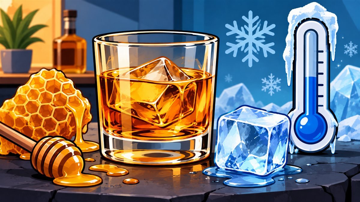 Ilustração cartoon de um copo de whisky dourado com favo de mel, cubo de gelo e termômetro mostrando frio