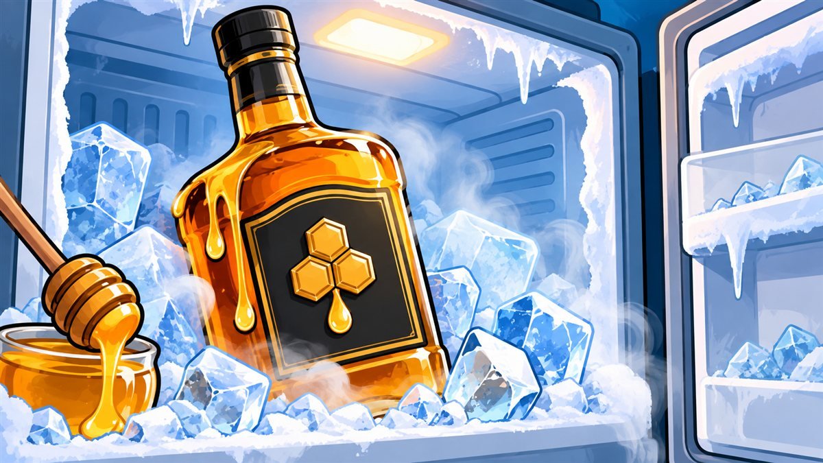Ilustração cartoon de uma garrafa de licor de whisky com mel dentro de um freezer aberto cheio de gelo e névoa fria