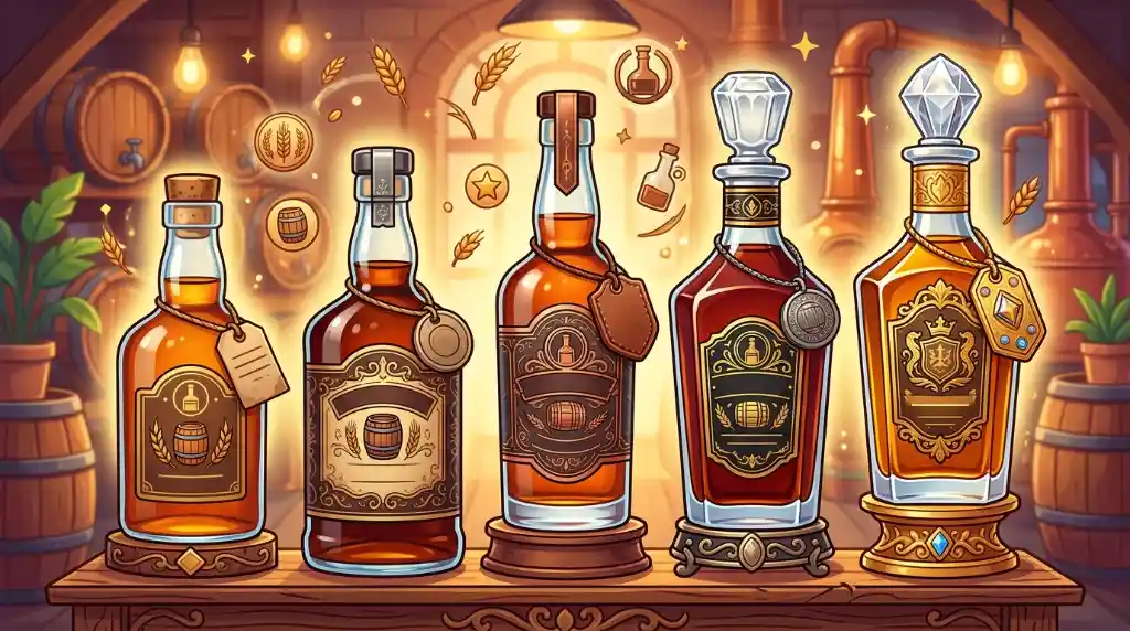 Ilustração cartoon infográfica com cinco garrafas de whisky Johnnie Walker em fileira, representando as diferentes idades da linha Red, Black, Green, Gold e Blue Label