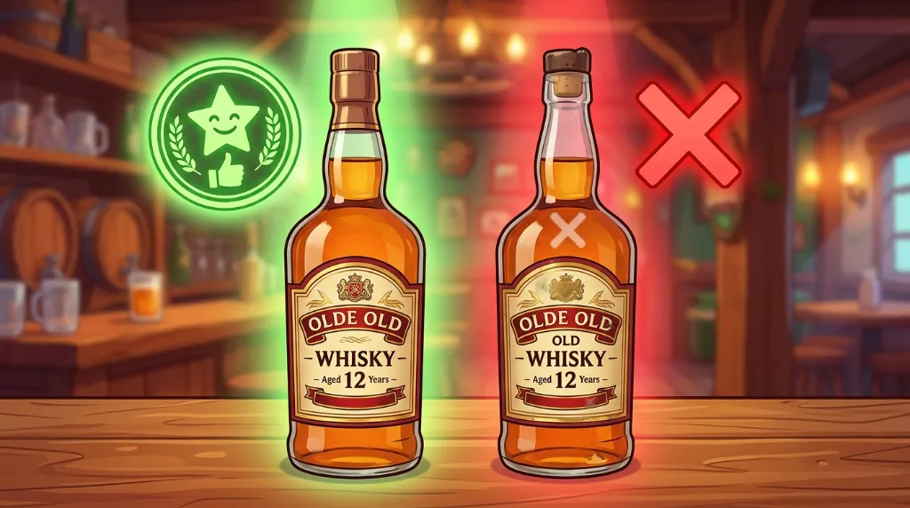 Ilustração cartoon comparando duas garrafas de whisky idênticas, uma aprovada com selo verde e outra marcada com X vermelho de alerta