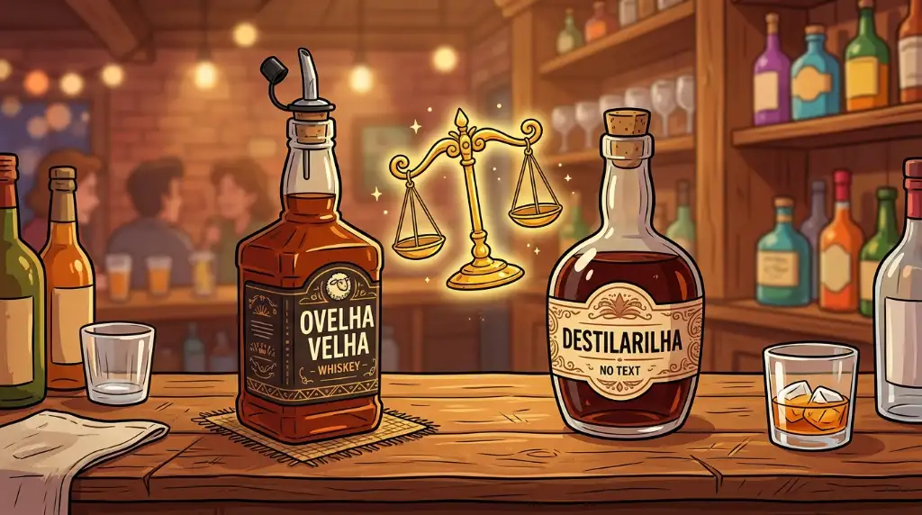 Ilustração cartoon comparando duas garrafas de whisky, uma com bico dosador e outra sem, com uma balança da justiça ao centro