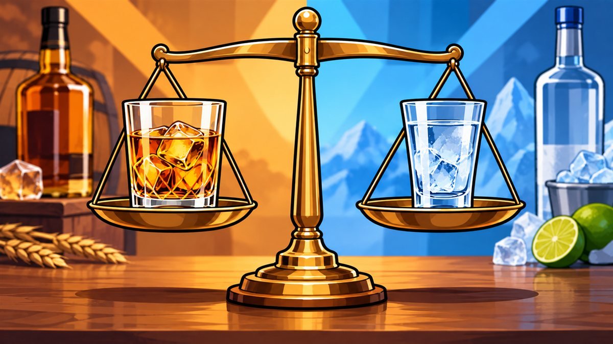 Ilustração cartoon de uma balança em equilíbrio com um copo de whisky de um lado e um copo de vodka do outro
