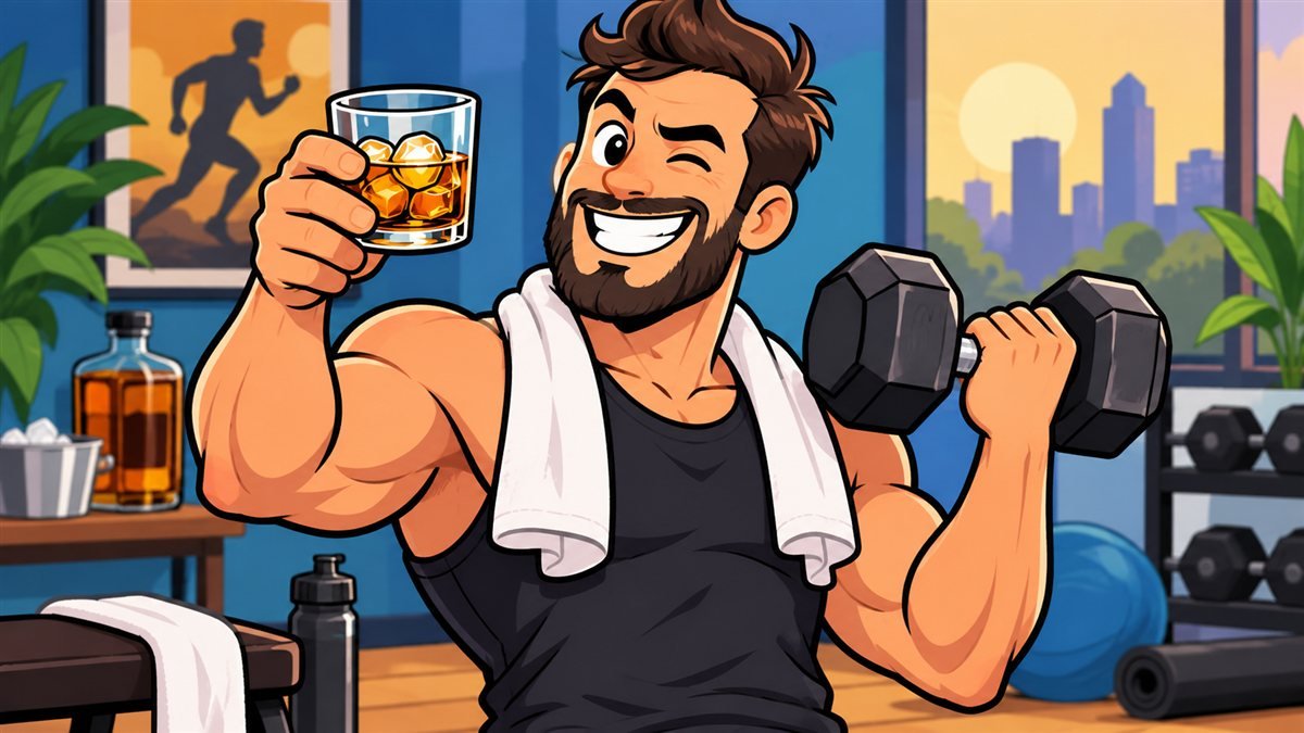 Ilustração cartoon de um homem fitness segurando um copo de whisky com gelo em uma mão e um halter na outra