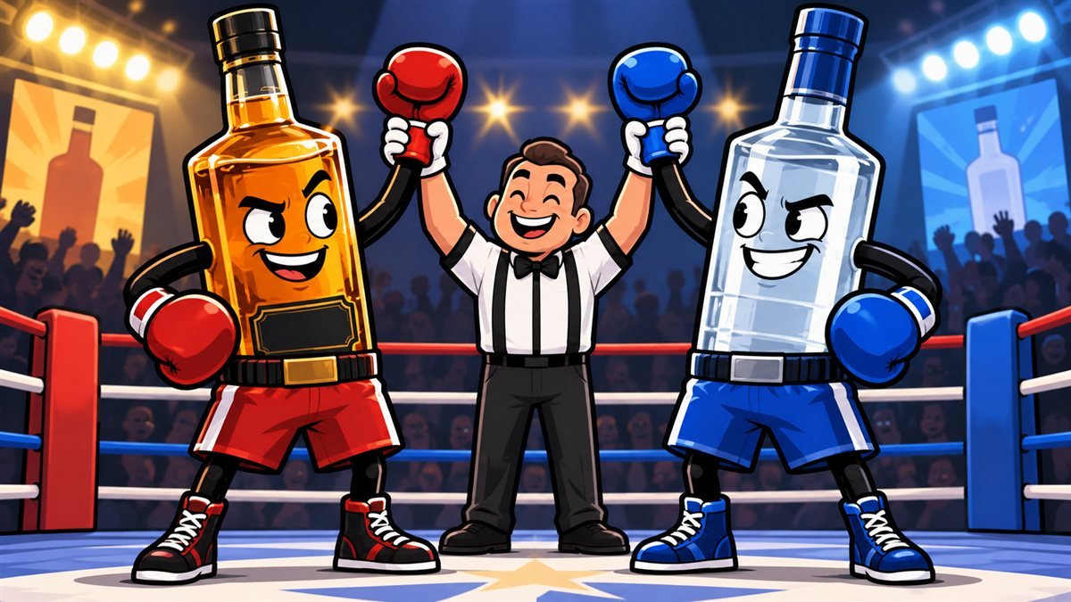 Ilustração cartoon de uma garrafa de whisky e uma garrafa de vodka como boxeadores, com o árbitro declarando empate