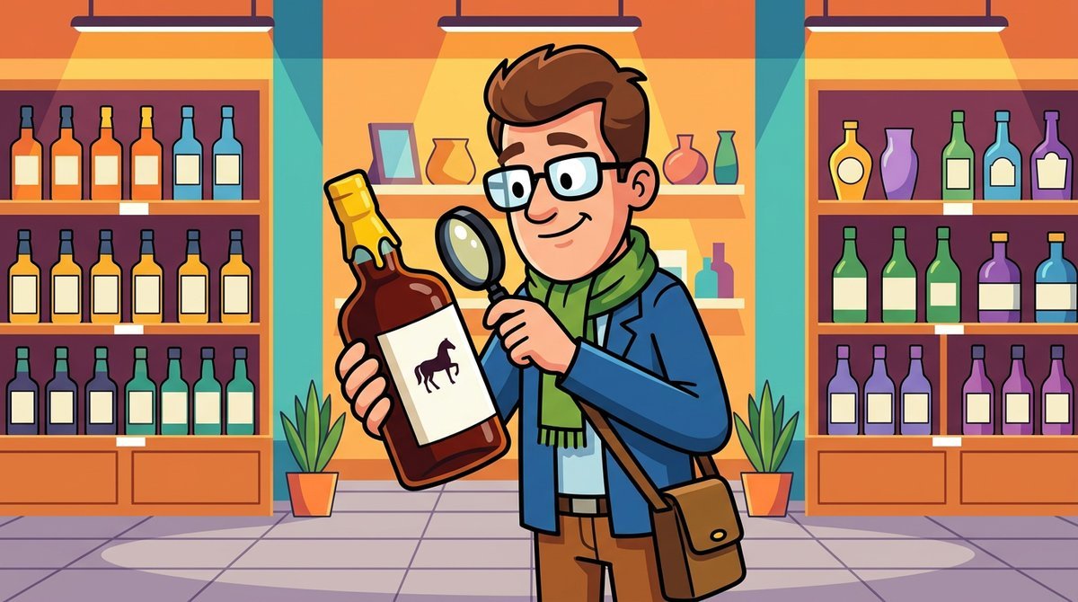 Comprador com lupa examinando o gargalo de uma garrafa de whisky escocês com um cavalo no rótulo, em uma loja de bebidas