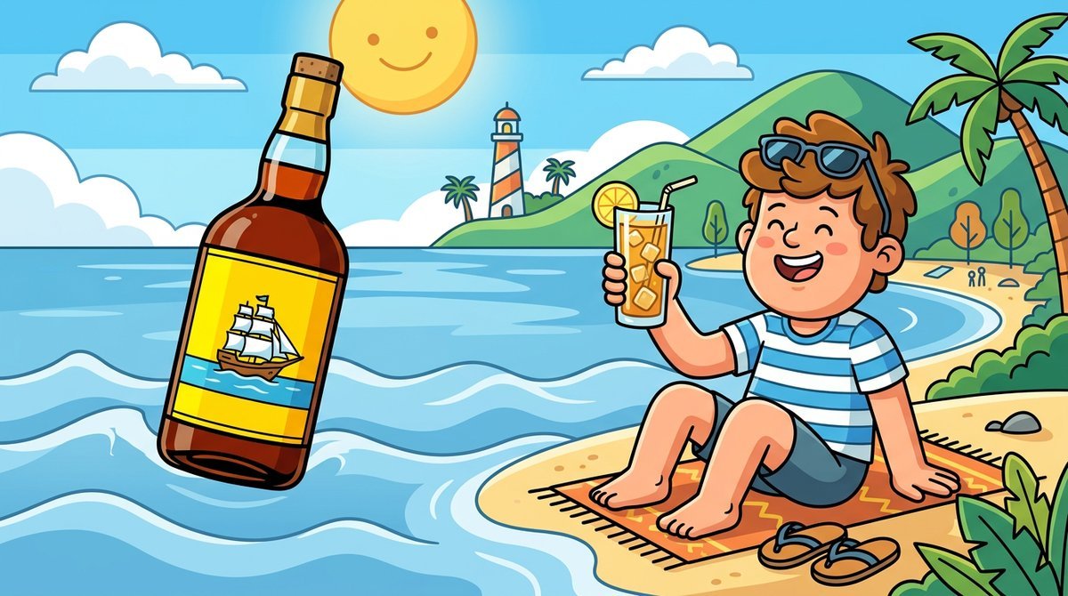 Garrafa de blend escocês de rótulo amarelo com um veleiro, ao lado de um personagem com um copo na praia