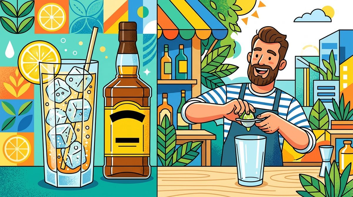 Copo alto com gelo e limão ao lado de uma garrafa de whisky e um bartender espremendo lima