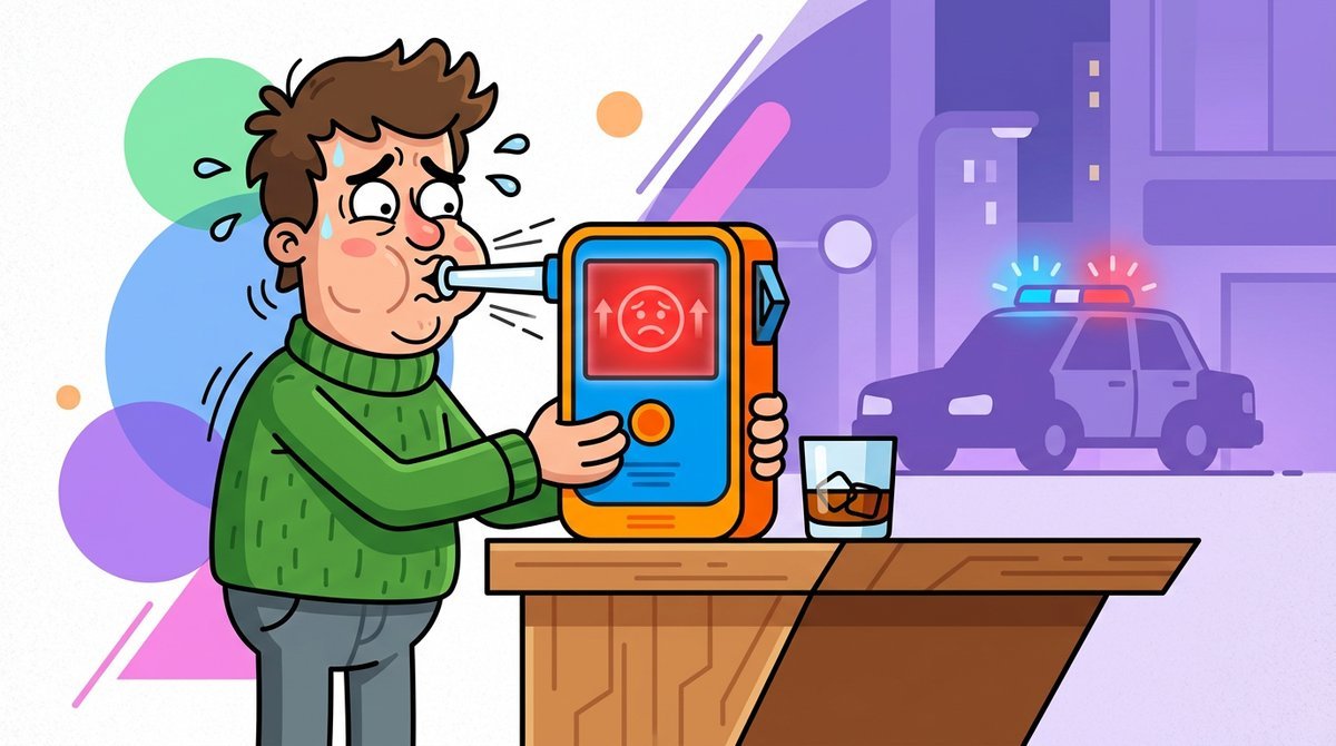 Personagem preocupado soprando em um bafômetro ao lado de um copo de whisky, com viatura ao fundo
