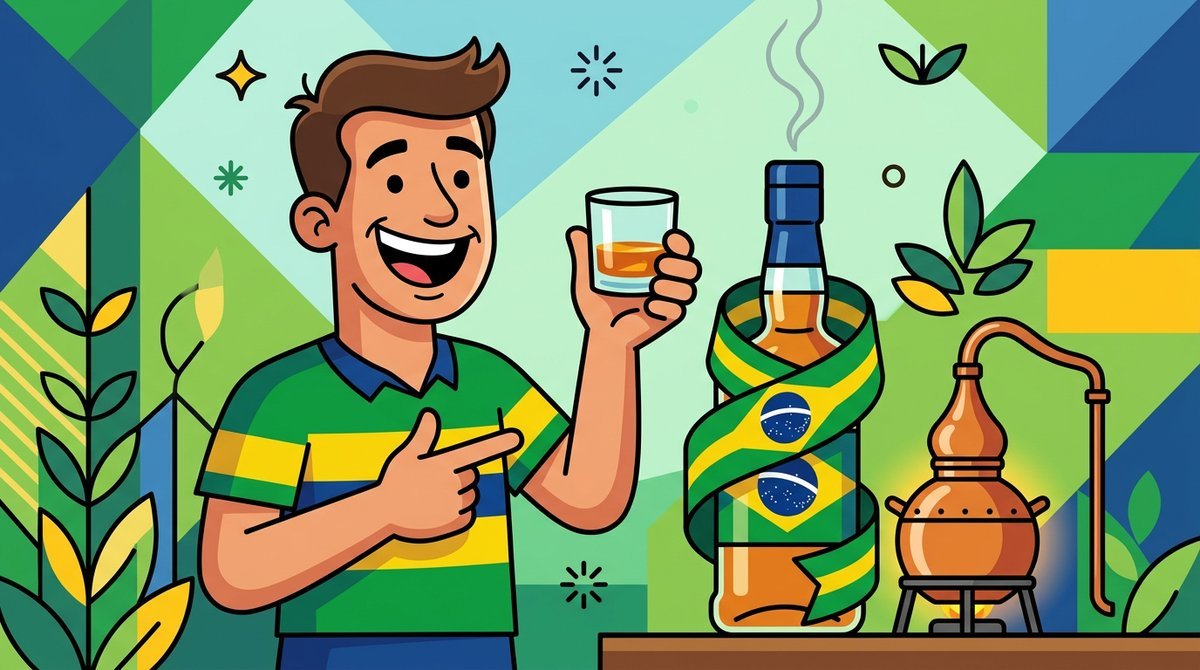 Personagem orgulhoso com um copo de whisky ao lado de uma garrafa com fita verde e amarela e um alambique de cobre