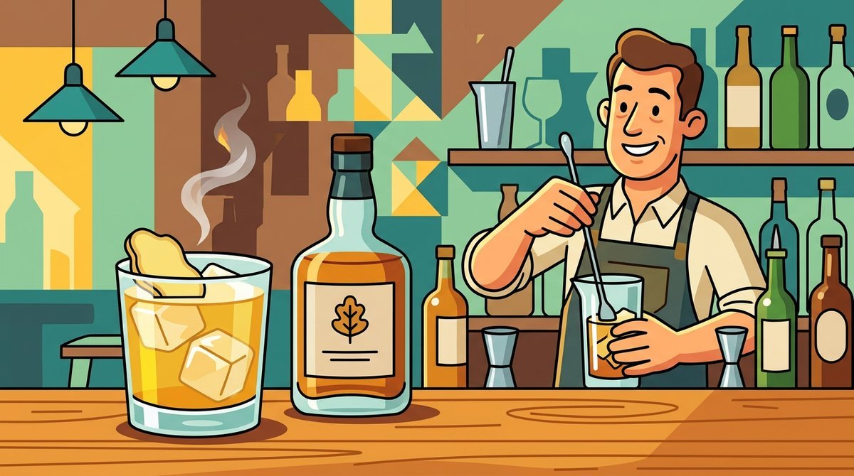Bartender preparando um coquetel defumado com gelo, ao lado de uma garrafa de whisky