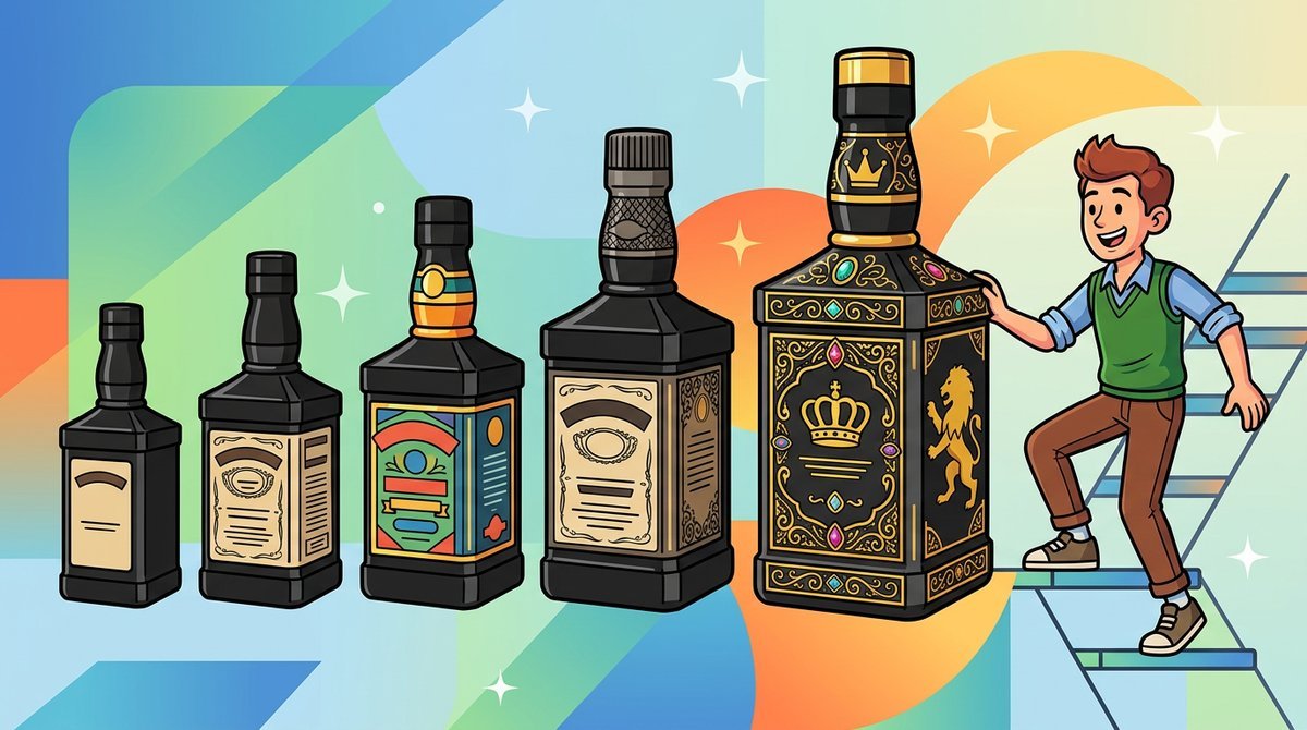 Cinco garrafas pretas que crescem em ornamento, como degraus de preço, com um personagem subindo a escada