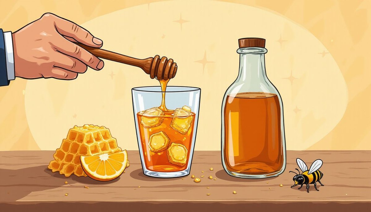 Colher de calda dourada pingando em um copo de bebida âmbar com gelo, ao lado de uma garrafa, com favo de mel, fatia de laranja e uma abelha