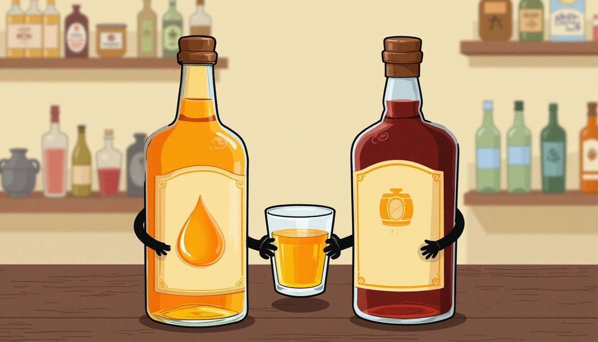 Duas garrafas simpáticas de licor de mel e de bourbon lado a lado, com um copo entre elas e uma gota de mel e um barril nos rótulos