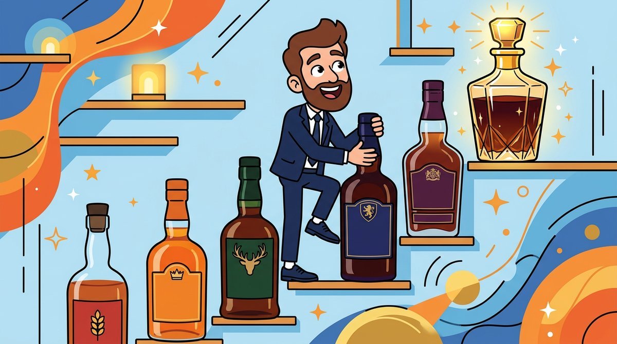 Escada de garrafas de whisky cada vez mais luxuosas, com um personagem de terno subindo até um decanter dourado
