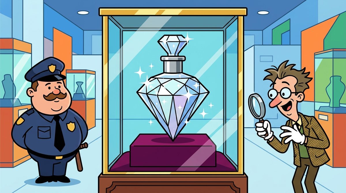 Decanter de cristal em forma de diamante em uma vitrine de cofre, com um segurança e um colecionador de luvas brancas com lupa