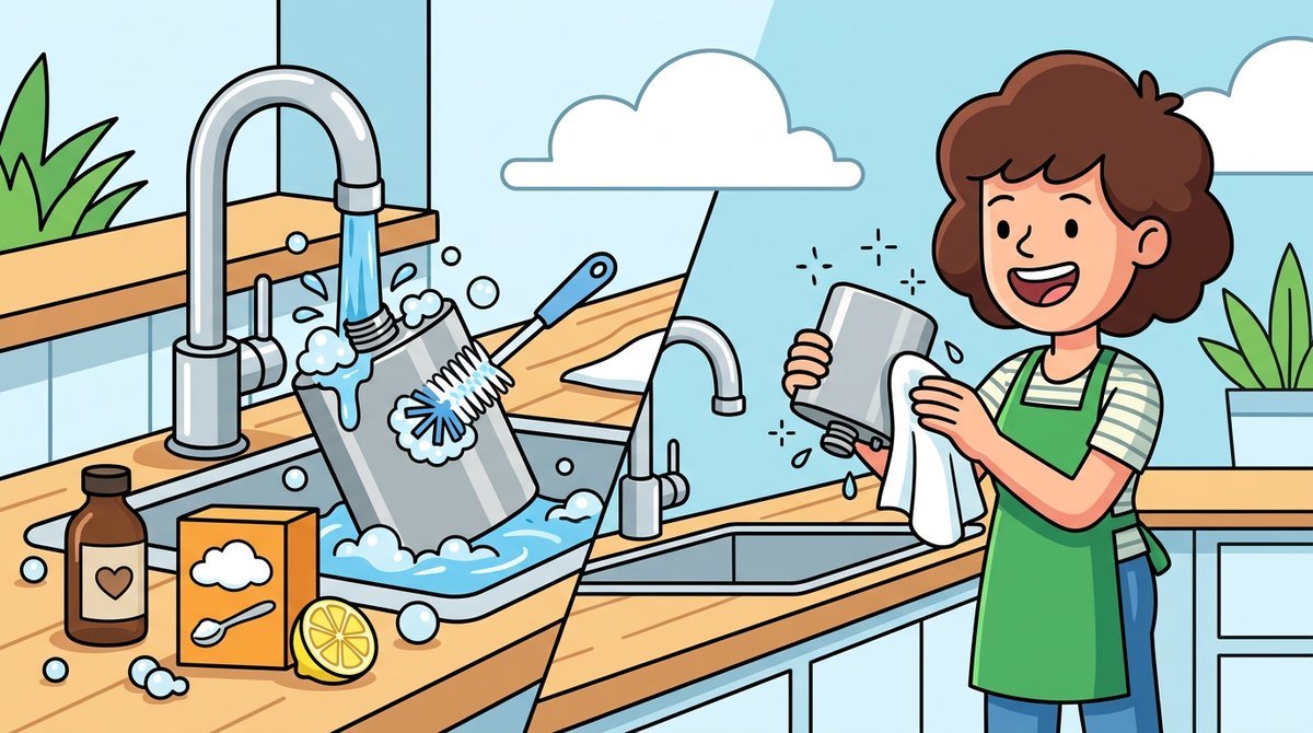 Personagem lavando um cantil de aço inox na pia com espuma, escova, bicarbonato e limão ao lado