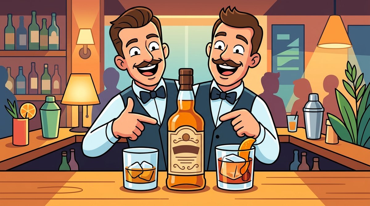 Dois bartenders sorrindo com uma garrafa de blend escocês, um copo com gelo e um old fashioned