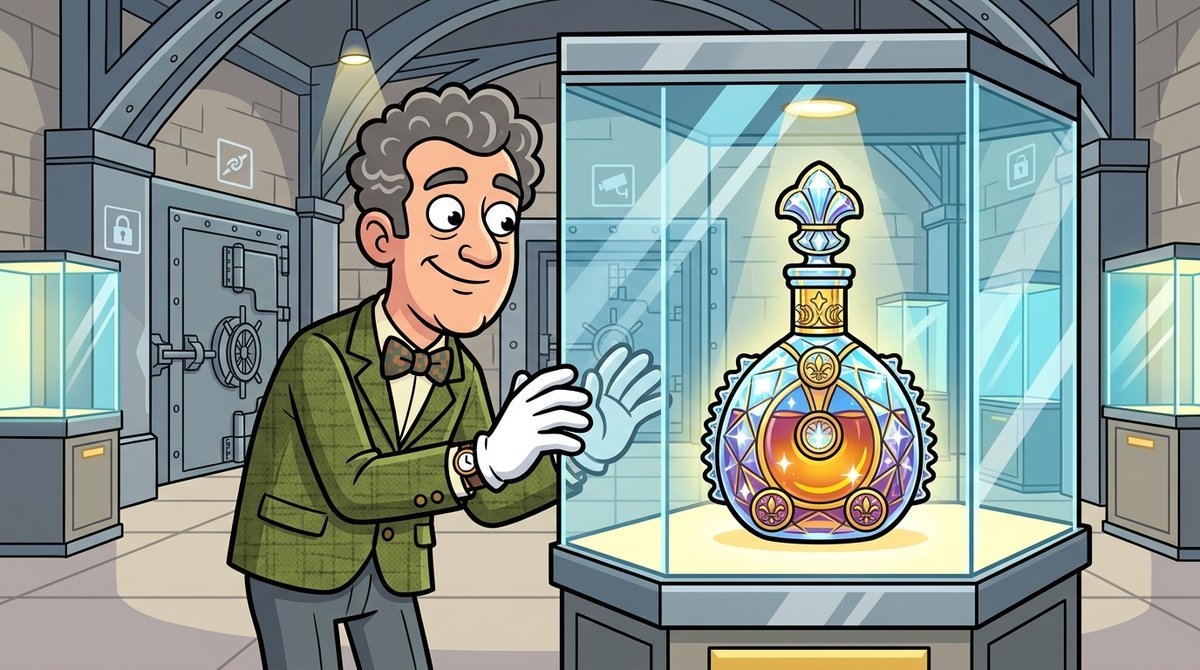 Decanter de cristal luxuoso em uma vitrine de cofre-museu, com um colecionador de luvas brancas olhando