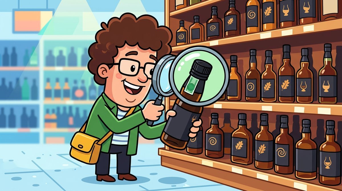 Comprador examinando com lupa o selo verde e a tampa preta no gargalo de uma garrafa de whisky escuro, com prateleira ao fundo