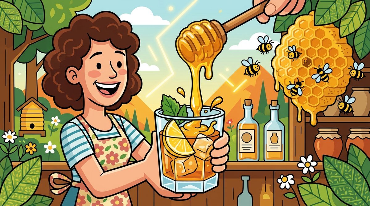 Personagem segurando um copo de licor âmbar com gelo, limão e mel escorrendo de uma colher, com favo de mel e abelhas ao fundo
