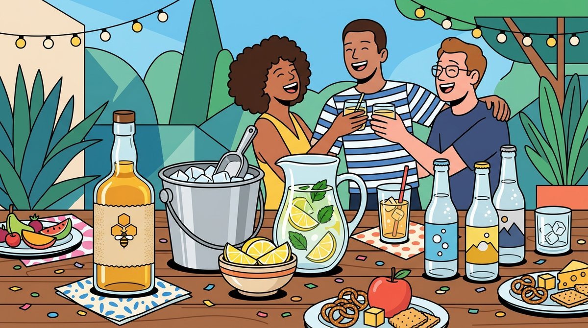 Mesa de festa com uma garrafa de licor de mel, balde de gelo, limões e água tônica, com amigos rindo ao fundo