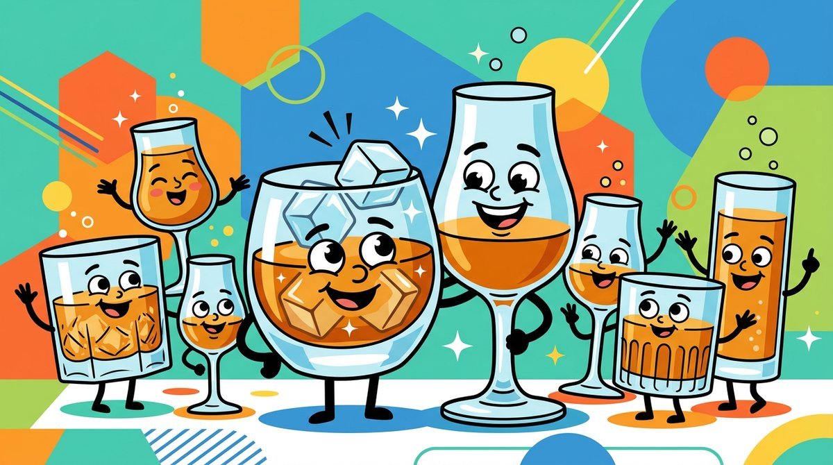 Vários copos de whisky de formatos diferentes juntos, com carinhas, como um grupo de amigos
