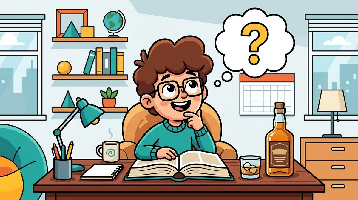 Personagem na escrivaninha com um dicionário e uma garrafa de whisky, pensando em uma dúvida
