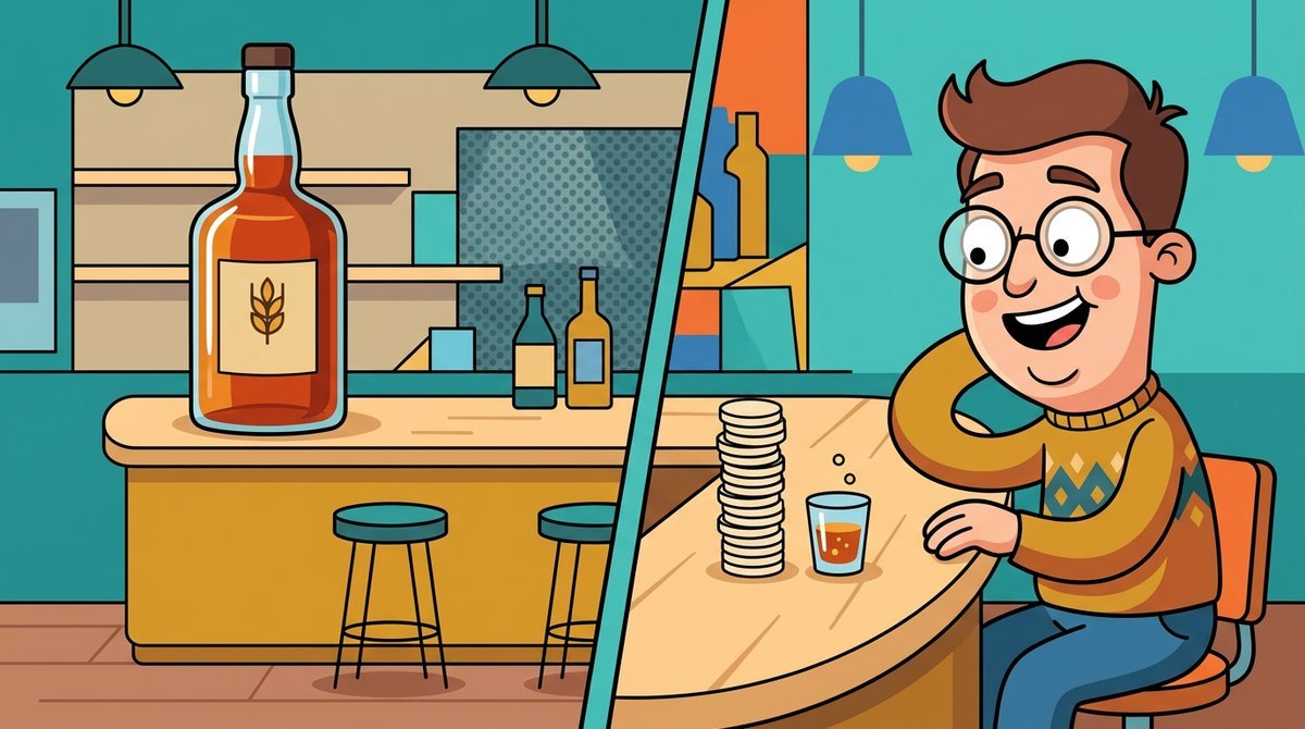 Cena dividida: de um lado um bar com uma garrafa no balcão e do outro um personagem ao lado de um copinho de whisky e uma pilha de moedas