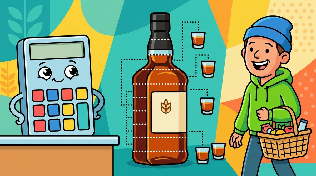 Calculadora sorridente ao lado de uma garrafa de whisky dividida em porções com linhas pontilhadas e um comprador com uma cesta