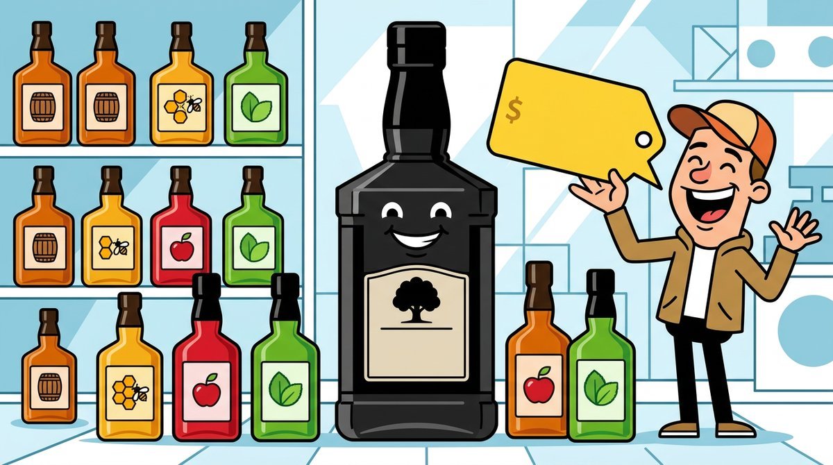 Garrafa preta de Tennessee whiskey cercada por garrafas menores saborizadas, com um comprador sorrindo