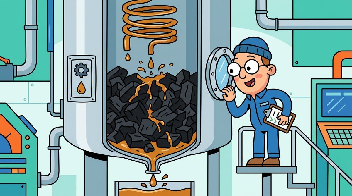 Carvão de bordo em um grande tonel com gotas de líquido âmbar pingando, e um personagem curioso olhando