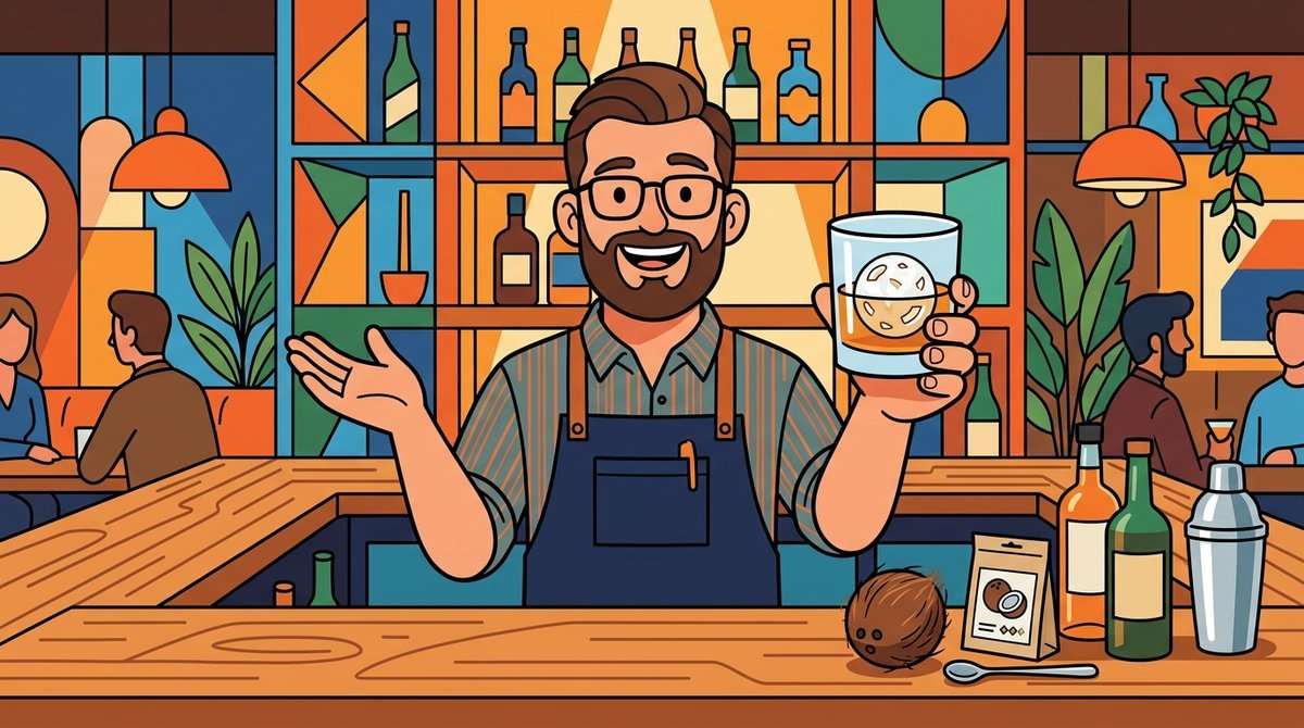 Personagem segurando um copo de whisky com uma esfera de gelo saborizada de coco, no balcão de um bar