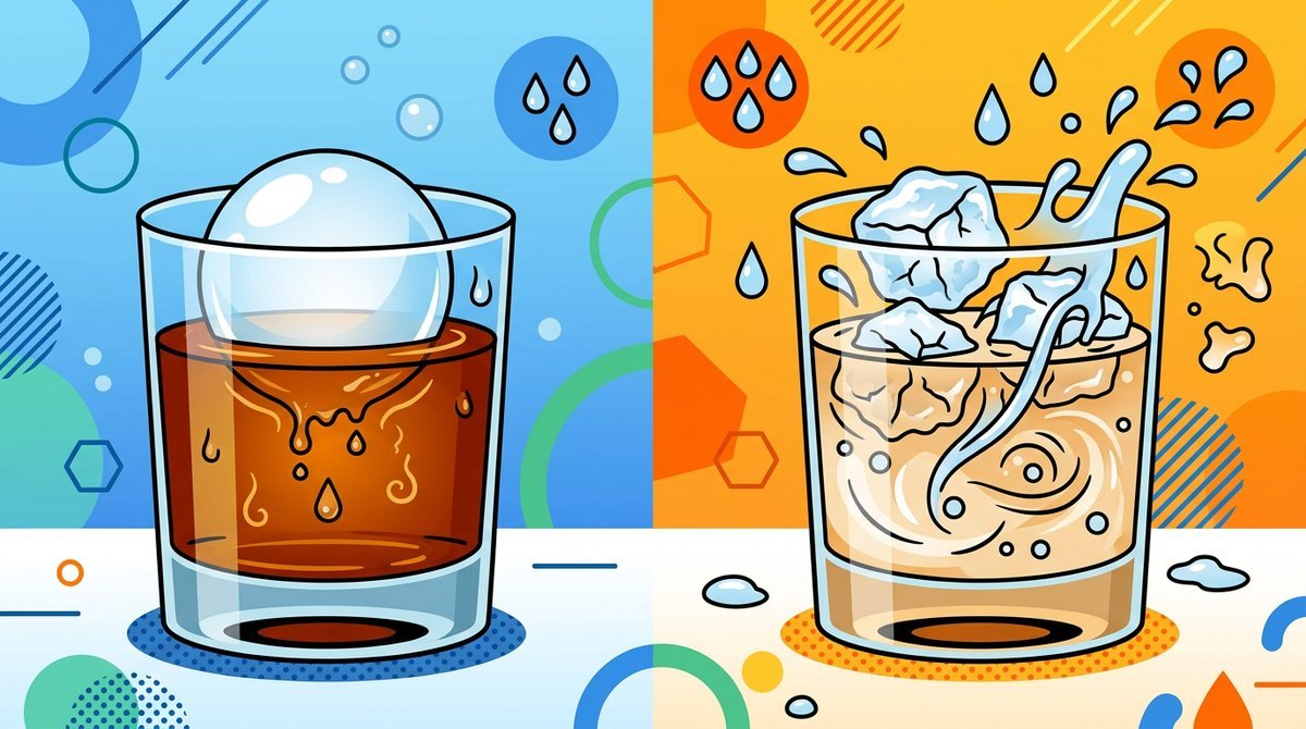 Comparação lado a lado entre uma esfera grande de gelo transparente e cubos pequenos derretendo rápido em copos de whisky