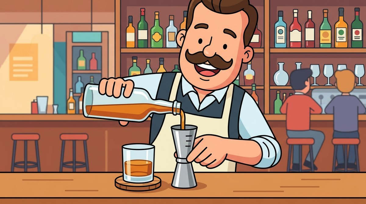 Bartender sorrindo despejando whisky em um jigger de aço ao lado de um copo curto no balcão do bar