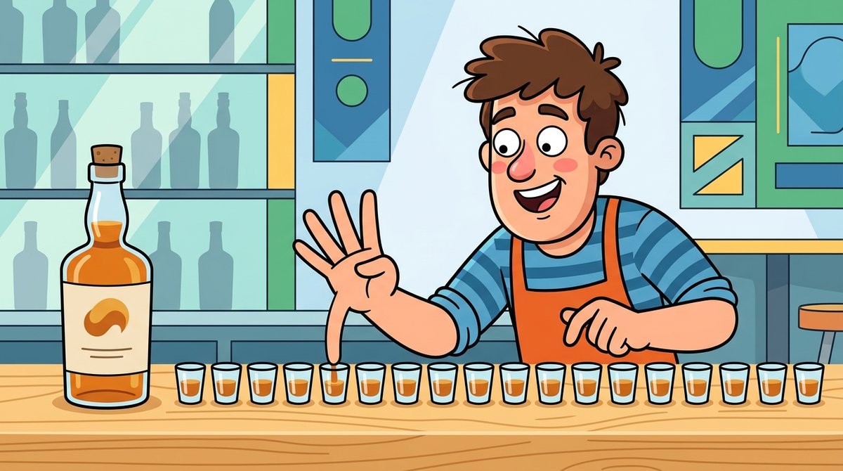 Garrafa de whisky ao lado de uma fileira de vinte copinhos de dose e um personagem contando nos dedos