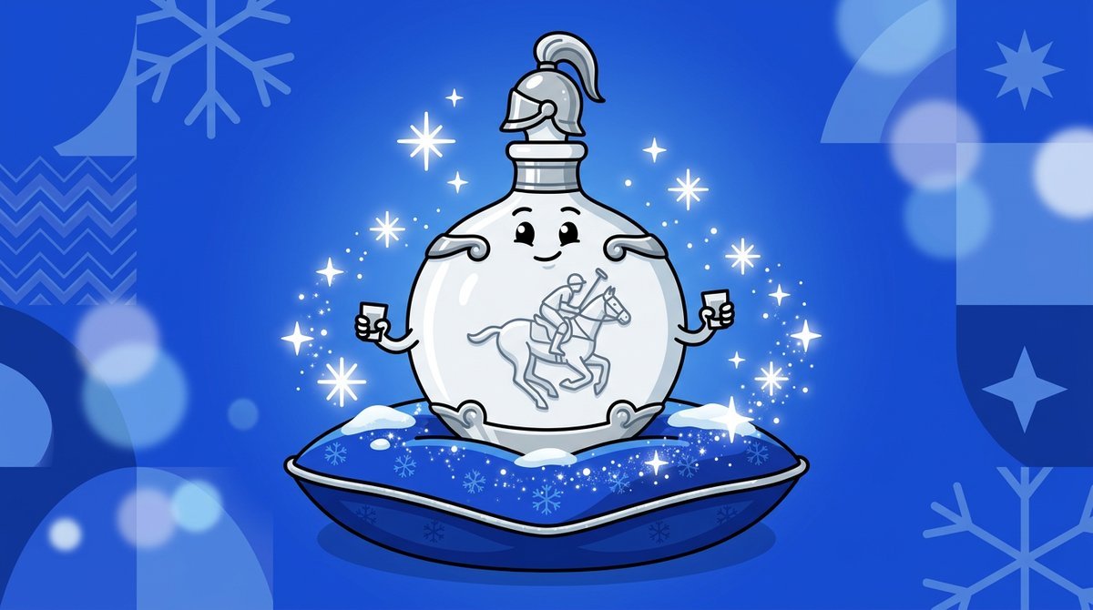 Flagon de porcelana branca e prata com um cavalo de polo em relevo sobre uma almofada nevada