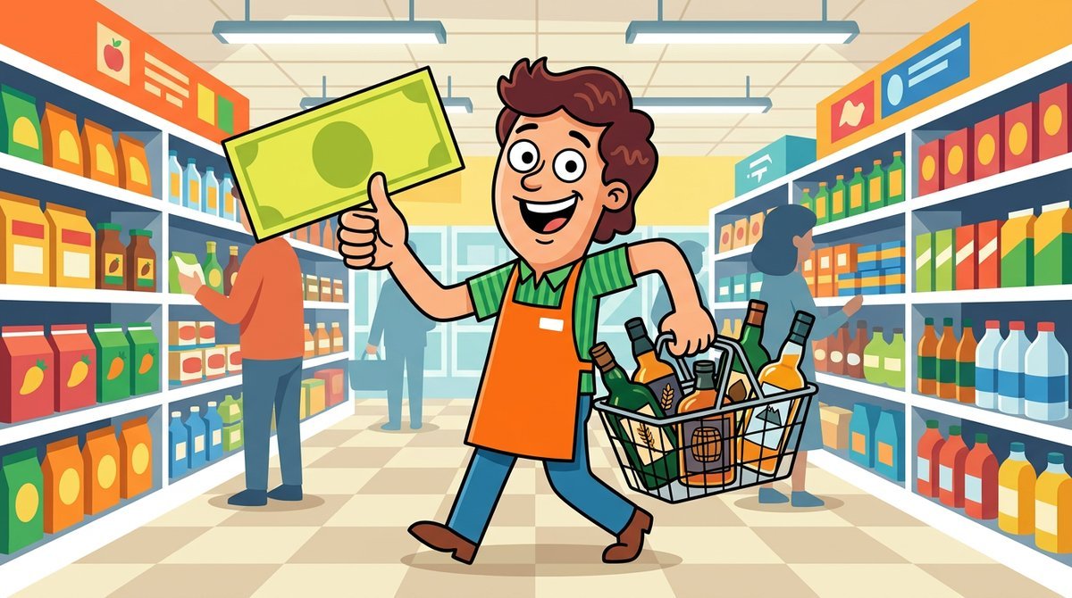 Comprador sorridente com uma nota de dinheiro e uma cesta com várias garrafas de whisky em um corredor de supermercado